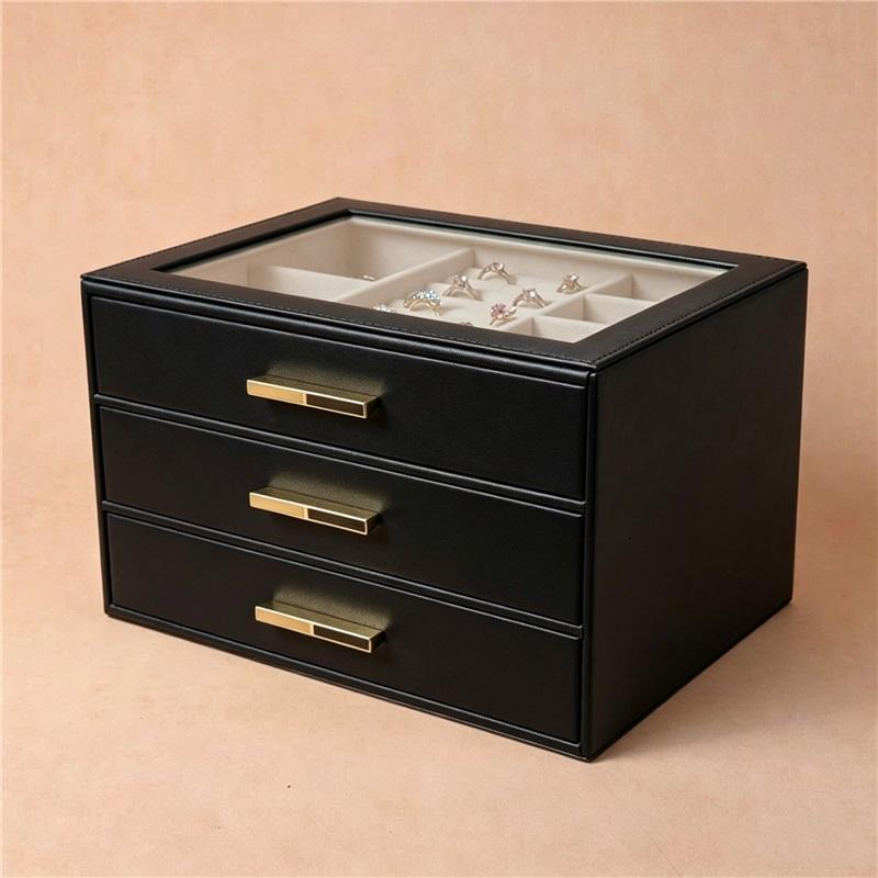 3-Layer Drawer Jewelry Box With Glass Lid, PU Leather Large Capacity Jewelry Organizer Storage Case For Earrings, Necklaces, Rings, Bracelets