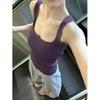 Summer Women Square Neck Ribbed Knit Slim Purple Crop Top