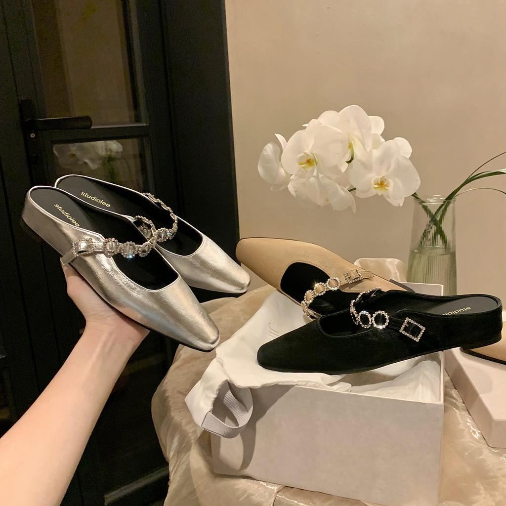 Sheepskin Version of Grape Mother French Inner Heightening Bag Head Half Slippers Women's Outer Wear Square Head One-word Diamond with Lazy Sandals