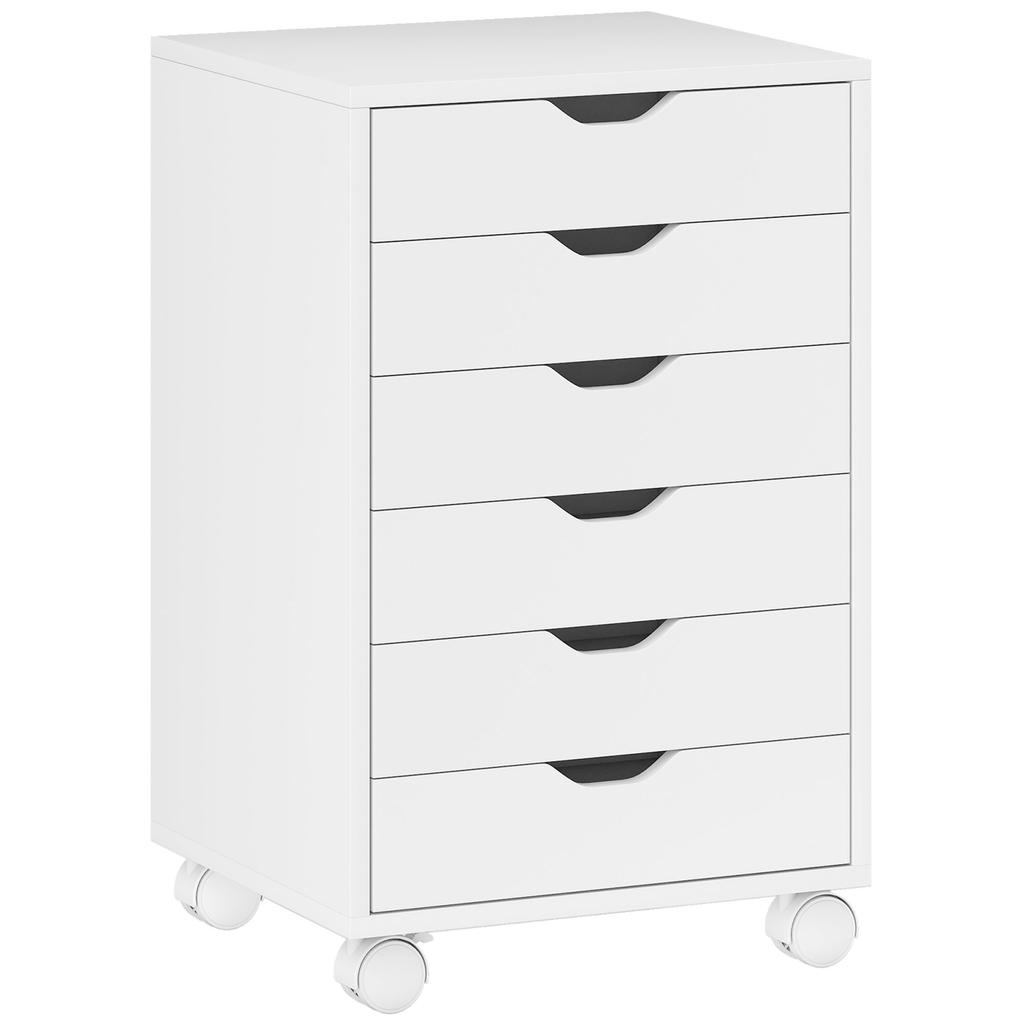 Mobile Office Pedestal, 6 Drawers, on Wheels, 40 x 35 x 63 cm, White
