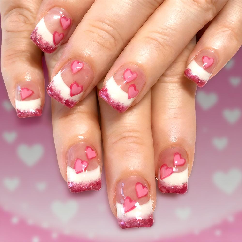 24Pcs Nude Short Square Press On Nails White Heart Print Valentine Full Cover False Nail Tips