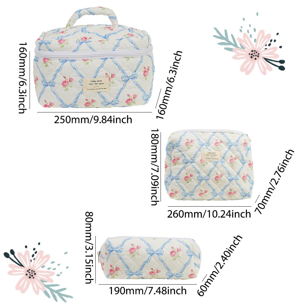 

popular 3pcs Women Travel Handbag Cotton Makeup Bag Large Capacity Cosmetic Pouch Floral Aesthetic Toiletry Wash Bag Quilted Storage Bag синий