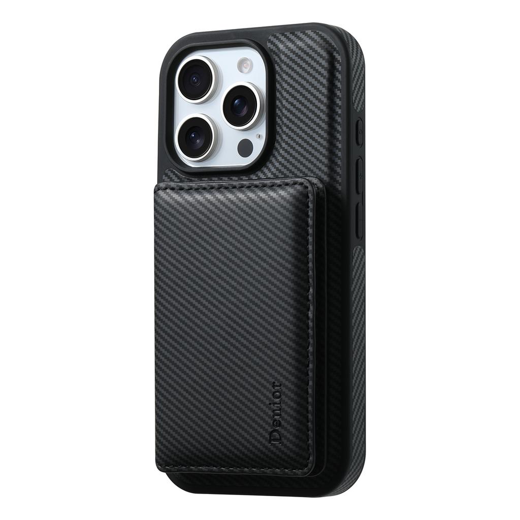 DENIOR For iPhone 16 Pro Max Magnetic Case Carbon Fiber Texture Leather Back Cover with Detachable Card Bag