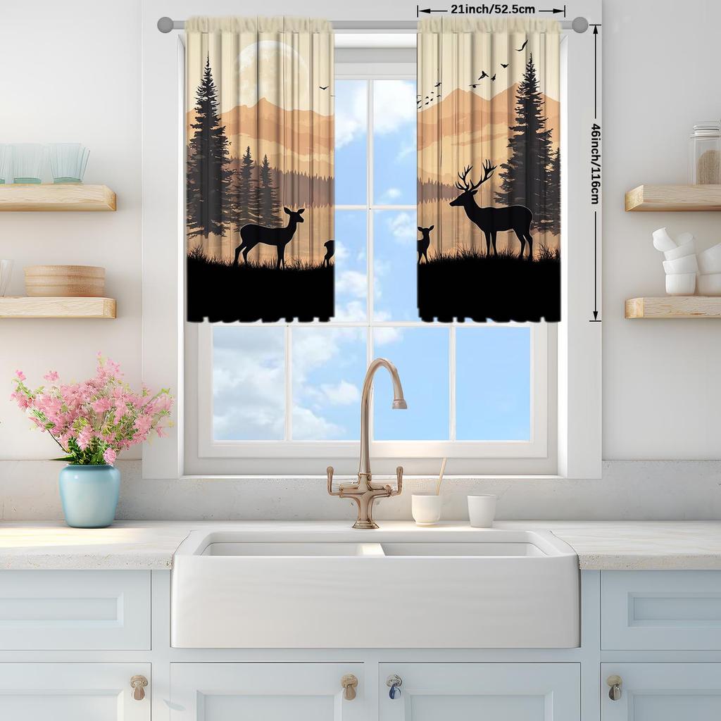 2pcs Nordic Elk Forest Silhouette Curtains Suitable for Family and Friends   Sunshade and Privacy Protection
