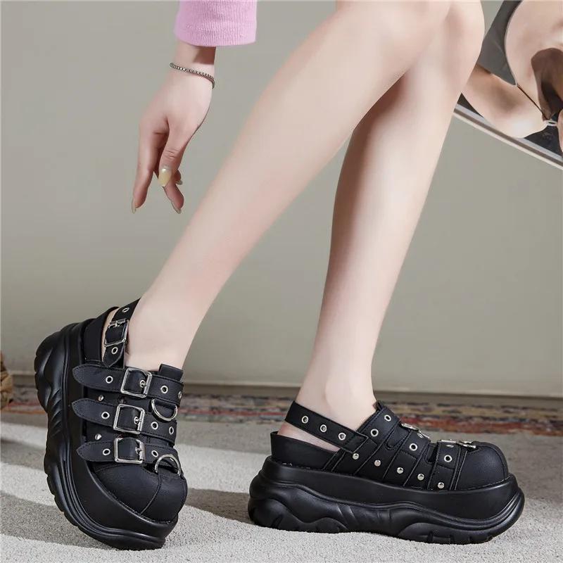 Fashion 7CM Microfiber Leather Sandals Slipper Slip On Women Punk Platform Wedge Fashion Flats Buckle Summer High Brand Flats Shoes