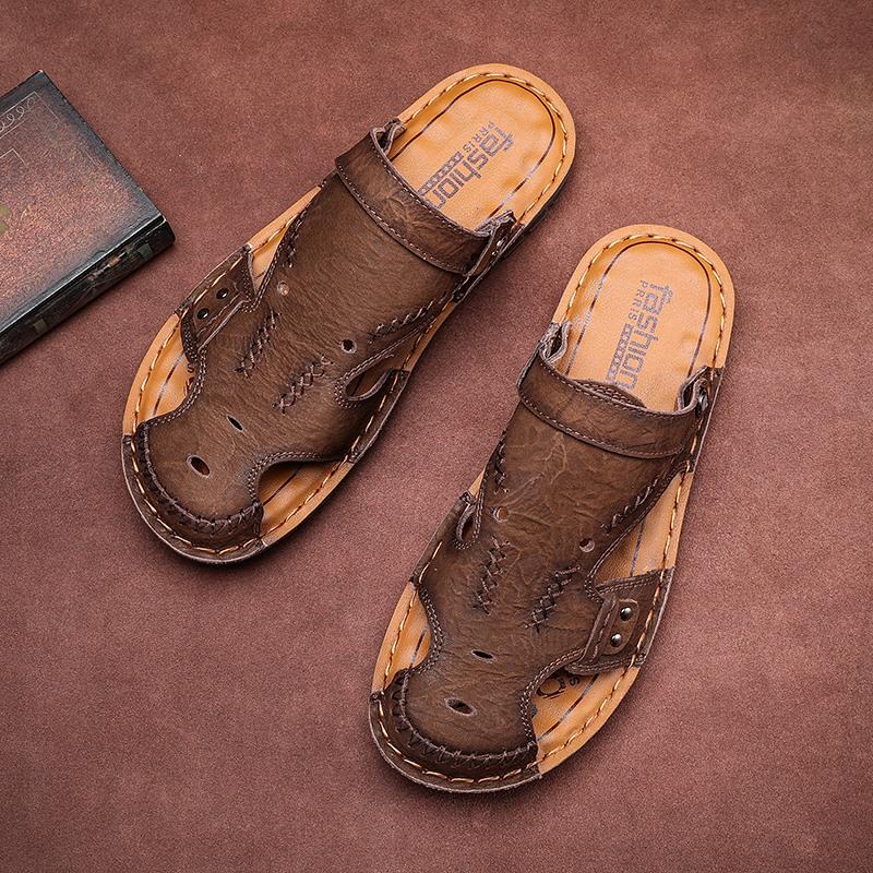 Sandale Baotou din piele naturală pentru bărbați de vară, pantofi de plajă, respirabili, pantofi retro casual pentru bărbați, pantofi de camping în aer liber