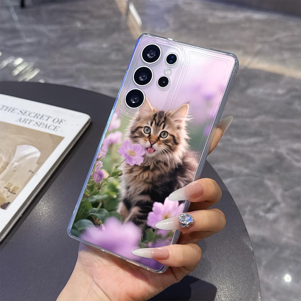 Tabby Kitten with Purple Flower Phone Case for Samsung Galaxy S26 S25 S24 S23 S22 S21 S20 FE Plus Lucency TPU Protection Cover