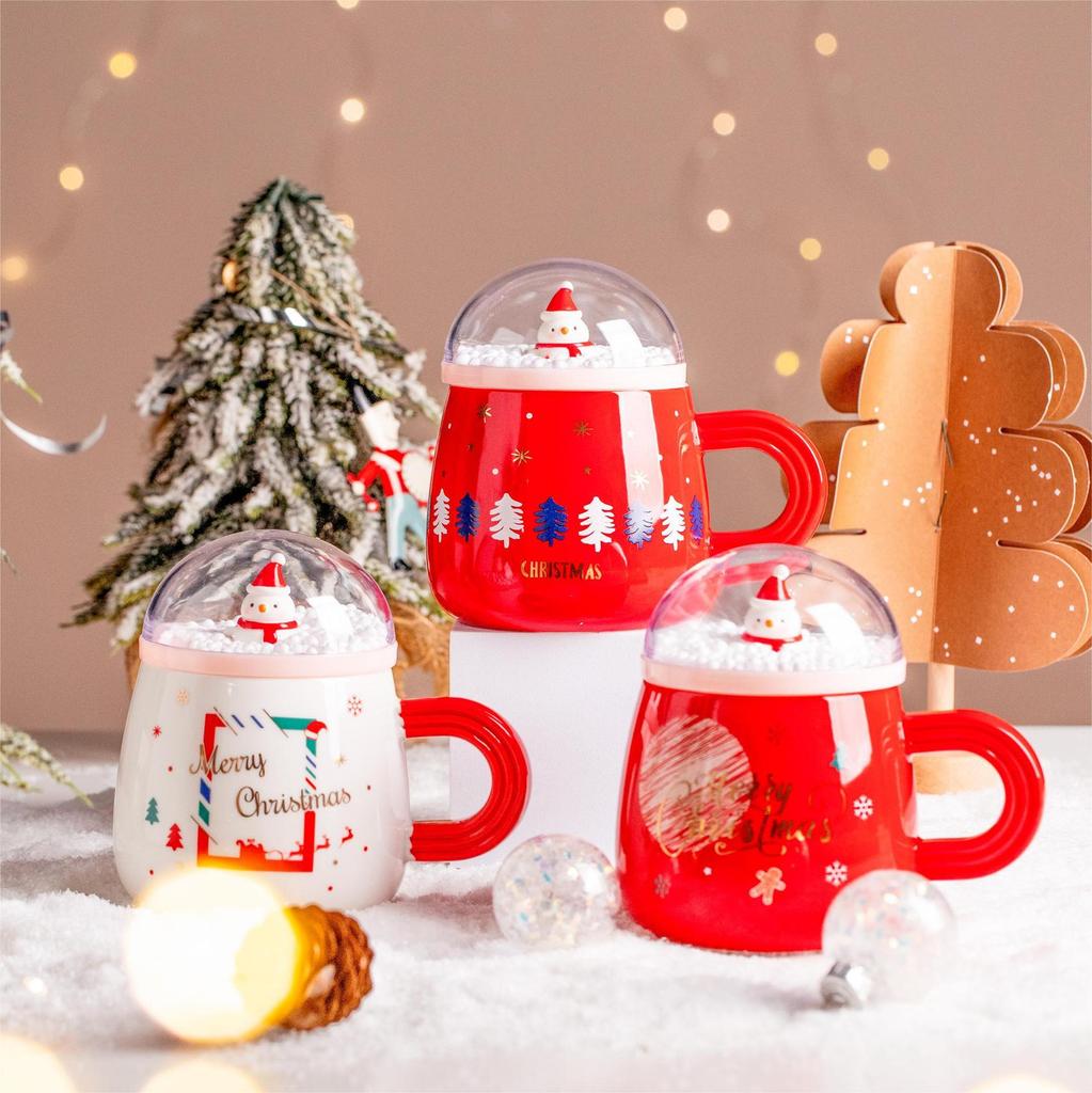 Christmas Cartoon Creative Snowman Super Cute Ceramic Cup with Lid Couple Flower Tea Cup Office Coffee Mug