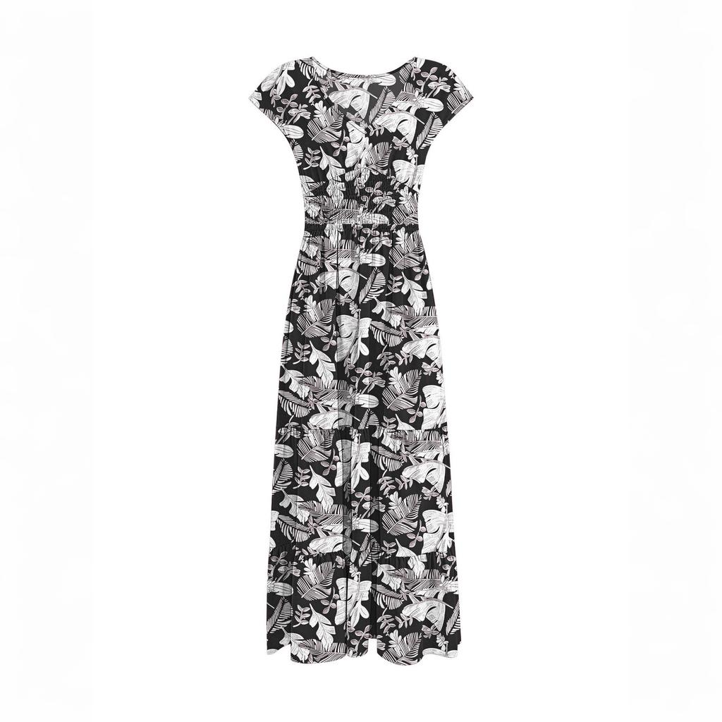 Women Vintage Floral Print V Neck Waist Cinched Short Sleeve Maxi Dress Casual Summer Long Dress for Daily Wear