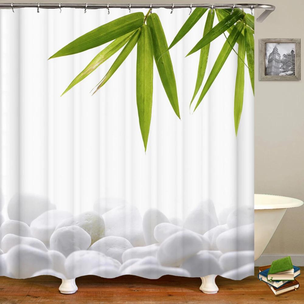 3D Flower Bamboo Pebble Water Green Plant Shower Curtain Waterproof Polyester Curtain Home Decoration Shower Curtain Zen Curtain