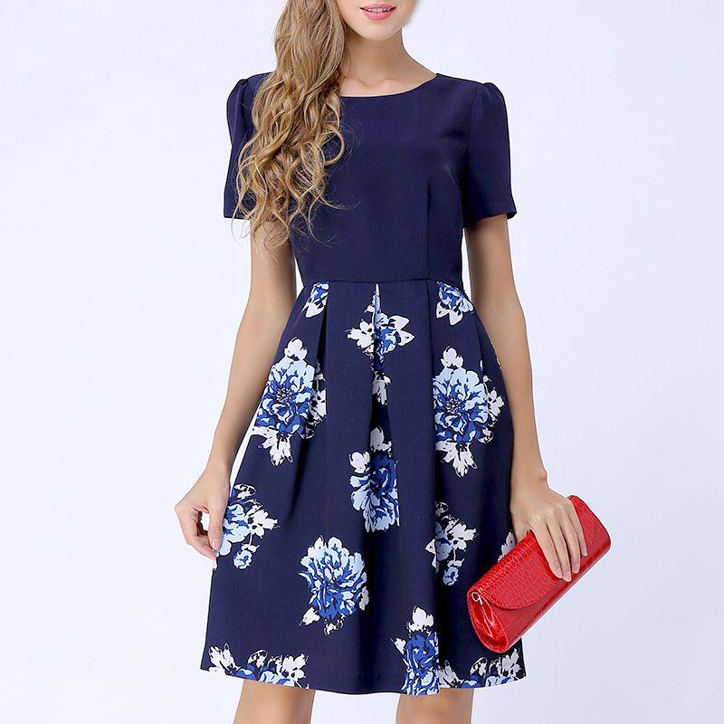 

Women s French-Style Pleated Waist Tight Printed Chiffon Dress Blue Flower L