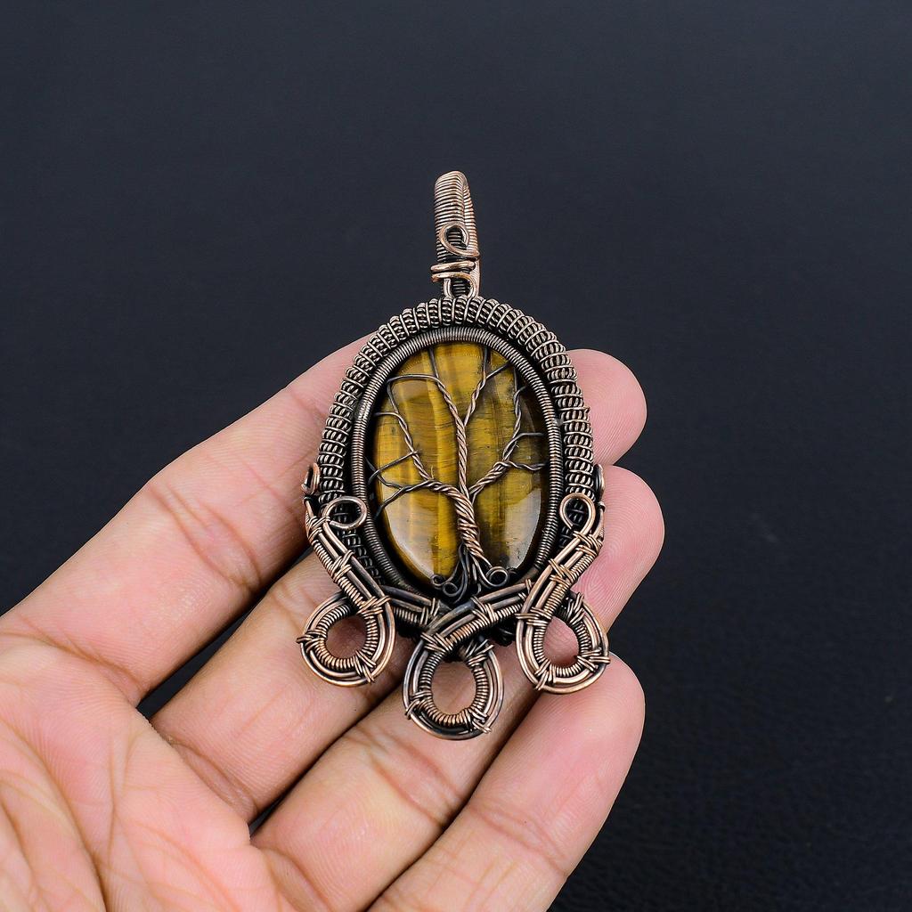 Tree Of Life Tiger's Eye 999 Copper Wire Wrapped Pendant, Handmade Gemstone Pendant , Gift For Mom Antique Jewelry