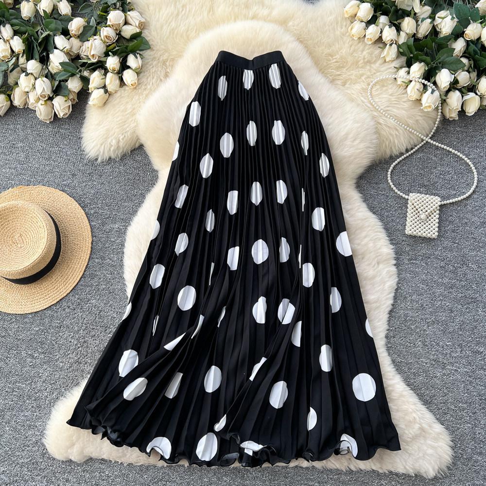 Qooth Vintage Large Polka Dot Pleated A-Line Maxi Skirt Elegant QT2893
