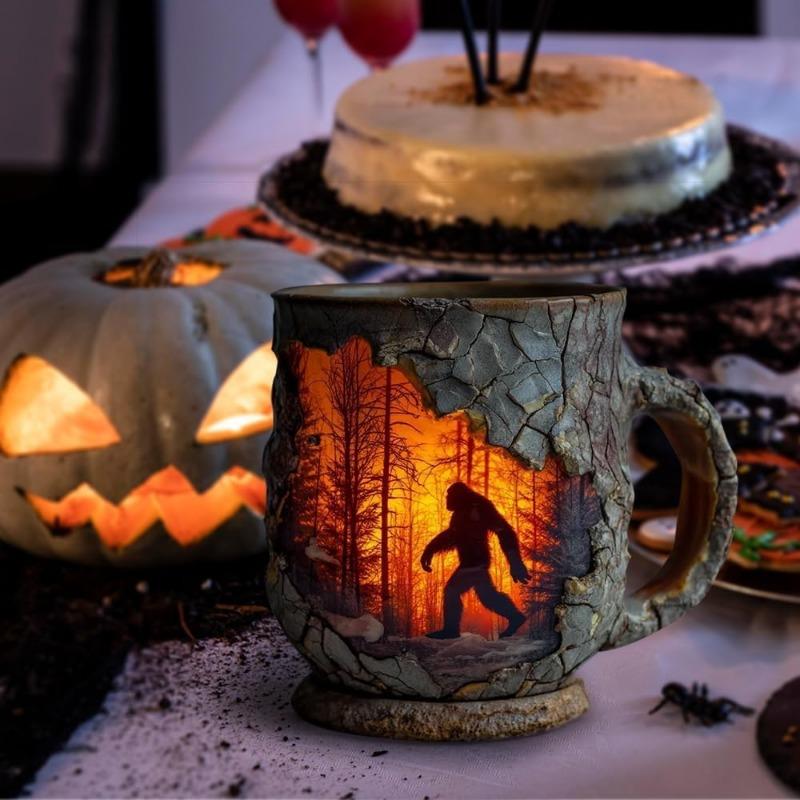 Bigfoot Forest Fire Mug, Forest Fire Design with 3d Relief Mug, 3D Vintage Sasquatch Bigfoot Outdoor Coffee Gifts Cup