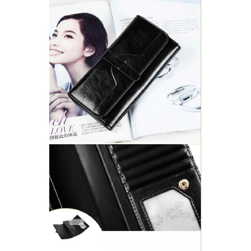 Pure leather three fold women's wallet, long buckle leather, cowhide, multi slot large capacity Korean version women's wallet, leather wallet
