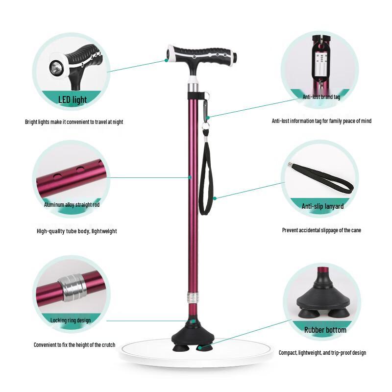 Kodeno Multifunctional Telescopic Walking Cane with Quad Base & LED Light