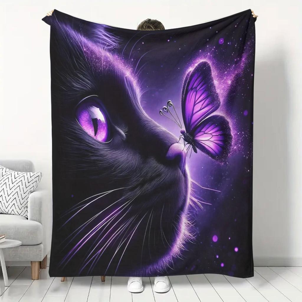 Contemporary Reversible Flannel Throw Blanket, Soft Cozy All-Season Knitted Polyester Throw, with Cat and Butterfly Print, Digital Print Craftsmanship