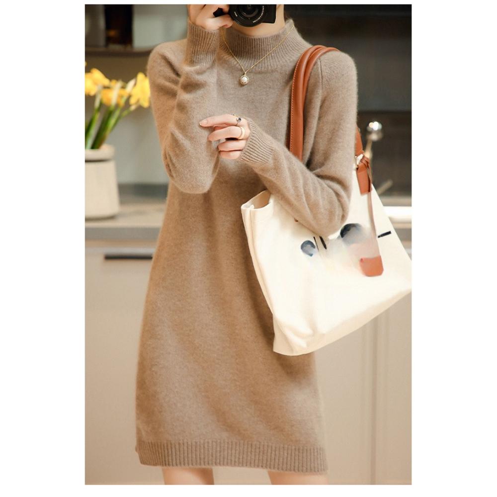 Half Turtleneck Sweater Mid-length Solid-color Knitted Dress for Women Casual Loose Pullover Autumn and Winter Top