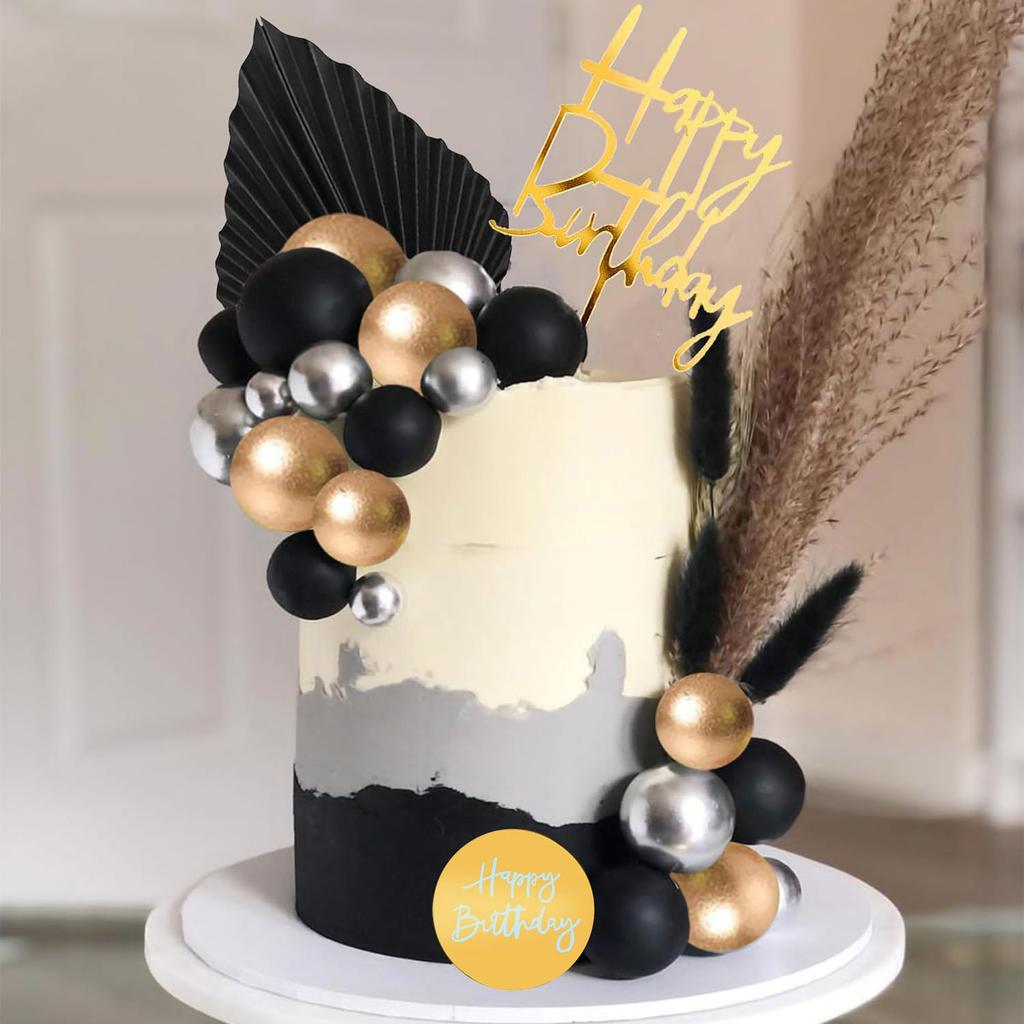 Cake Toppers Happy Birthday Cake Topper Black Gold Balls Cake Decorations for Birthday Wedding Baby Shower Party Decoration