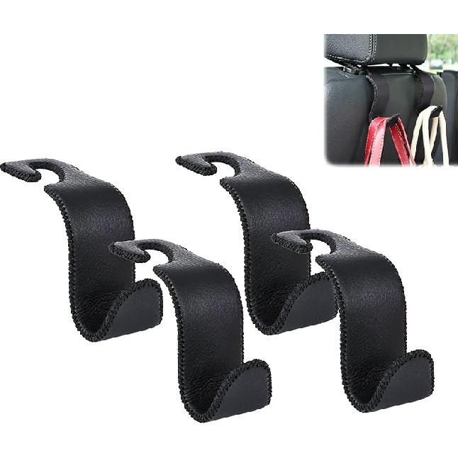 Amooca Car Seat Headrest Hook Universal Vehicle Storage Hanger Leather With Metal Car Seat Back Organizer For Handbag Purse Coat Beige 4 Pack