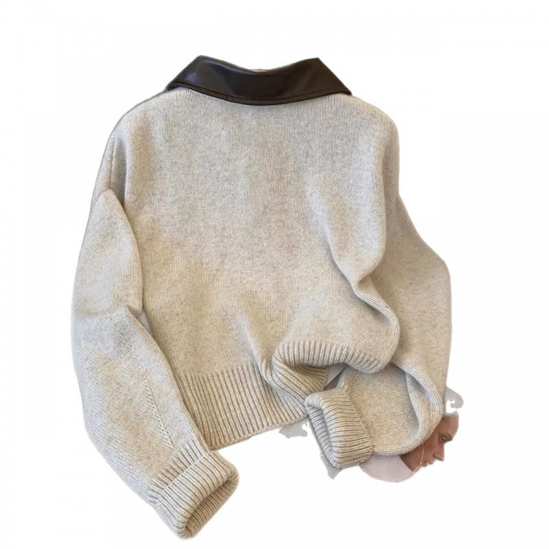 Womens Oversized Cashmere-Blend Knit Cardigan With Leather Trim Polo Collar Zipper Front
