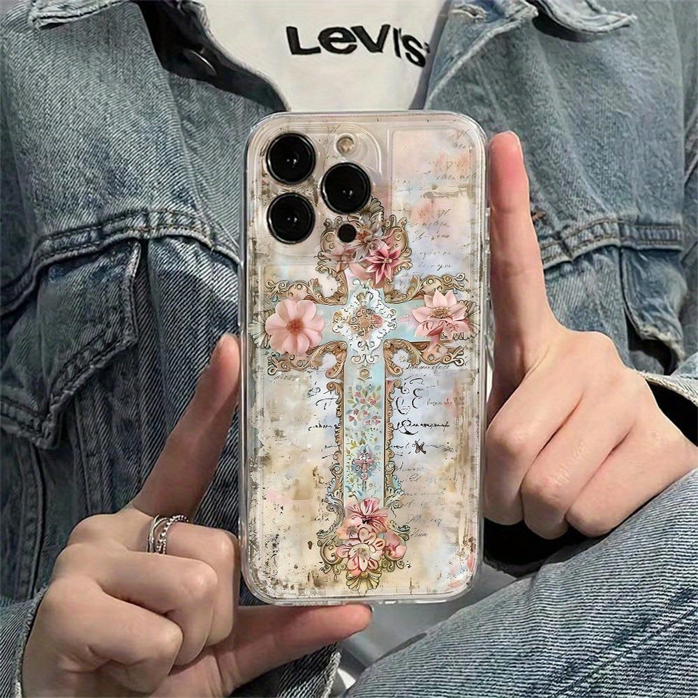 Creative Cross Floral Pattern Transparent Space Phone Case, Suitable for iPhone 17, 16, 15, Plus, Pro, Max Series Phones - Ideal for Gifting