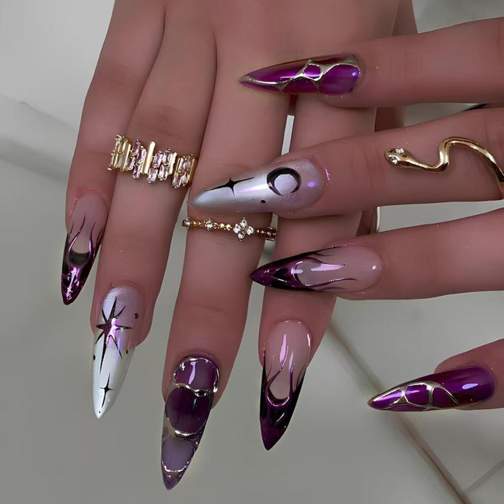 24Pcs Long French Flame False Nails Dark Star Moon Almond Stiletto Ballerina False Nails Press on Nails Fake Nails DIY Manicure