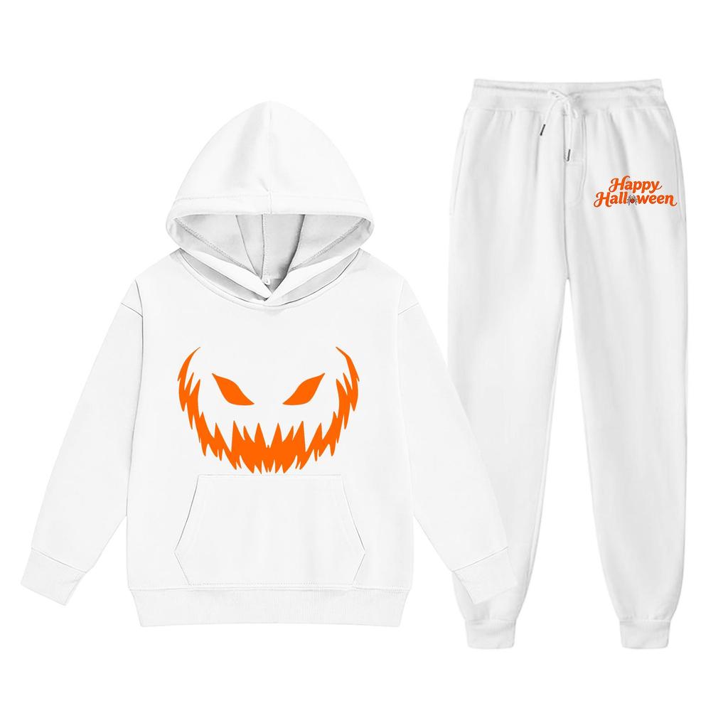 Kids Halloween Hoodie Set with Pumpkin Face Print Long Sleeve Pullover Top and Matching Pants Comfortable Fit for Boys and Girls