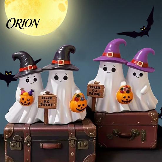 Halloween Mantel Countertop Decor Ghost Figurine, Cute Spooky Resin Statue with Retro Table Decorations Witch Hat for Table, Tiered Tray, Kitchen,