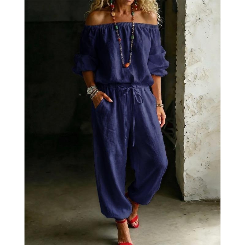 Womens Off Shoulder Long Sleeve Top Drawstring Waist Tapered Pants Two Piece Casual Outfit