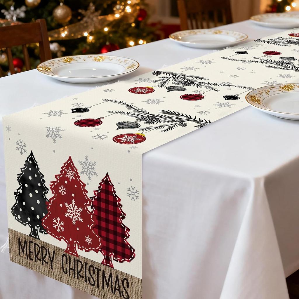 72 X 13 Inch Christmas Table Runner – Red and Black Plaid Christmas Tree and Ornament Holiday Table Decoration with Snowflakes for Dining Room,