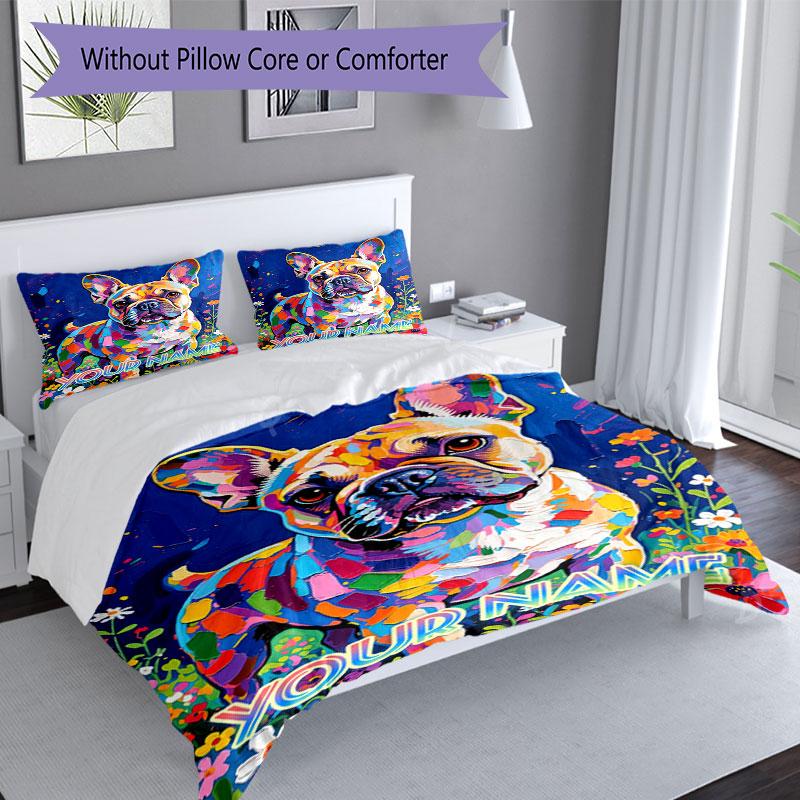 3PC Custom Name Colorful French Bulldog Art Bedding Set Duvet Cover Closure Includes 1 Duvet Cover & 2 Pillowcases for Bedroom