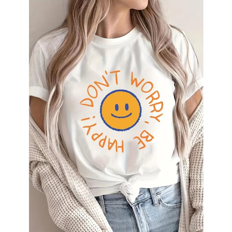 

Casual Crew Neck T-Shirt with Smile Face and Don t Worry, Be Happy Letter Print, Knit Fabric with Slight Stretch, 180g/m², for All Seasons S белый