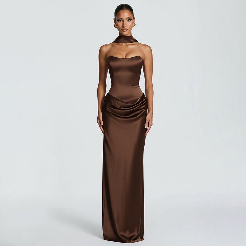 European Waist-Cinched Solid Color Strapless Satin Bodycon Dress with Lace-Up Ribbon