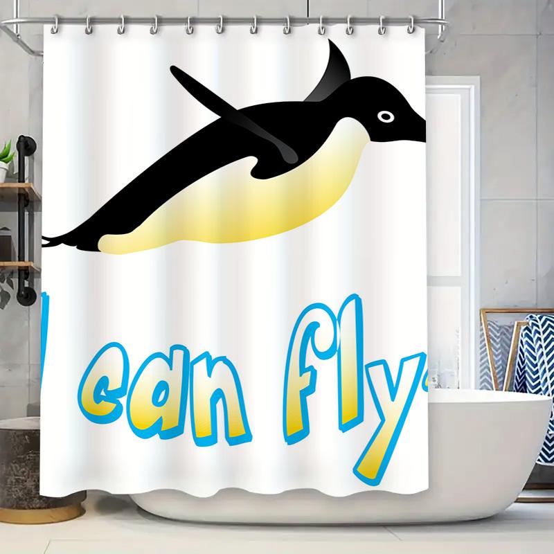

Adorable Penguin Shower Curtain Can Fly Home Decor Bathroom Accessories Modern Design For Kids Room White With Blue Yellow Text W60H190(CM)-1 Pcs