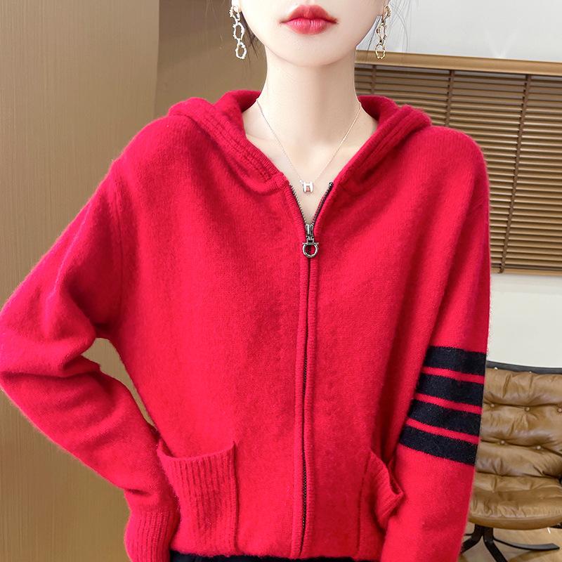 Women's Striped Color Block Hooded Cashmere Cardigan - Autumn/Winter Loose Casual 100% Pure Wool Jacket