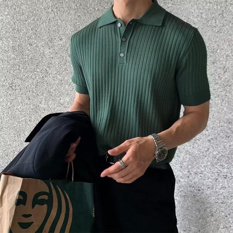 Summer Vintage Polo-neck Knitting Pullover Top Male Short Sleeve Solid Color Tee Men Casual Fashion T-shirt