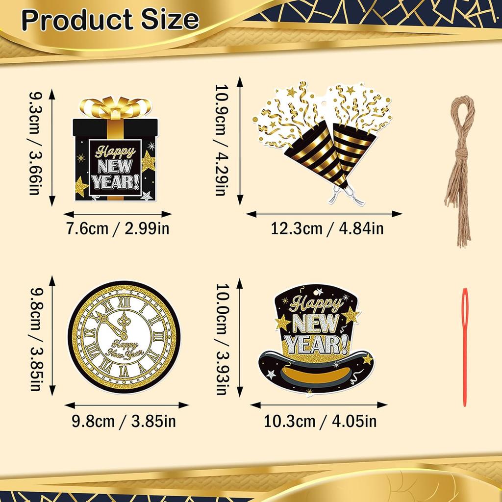 Lucleag 32Pcs Happy New Year 2026 Hanging Decorations, Black Gold Tree Ornaments New Years Hanging Ornaments for 2026 New Year Eve Party Supplies