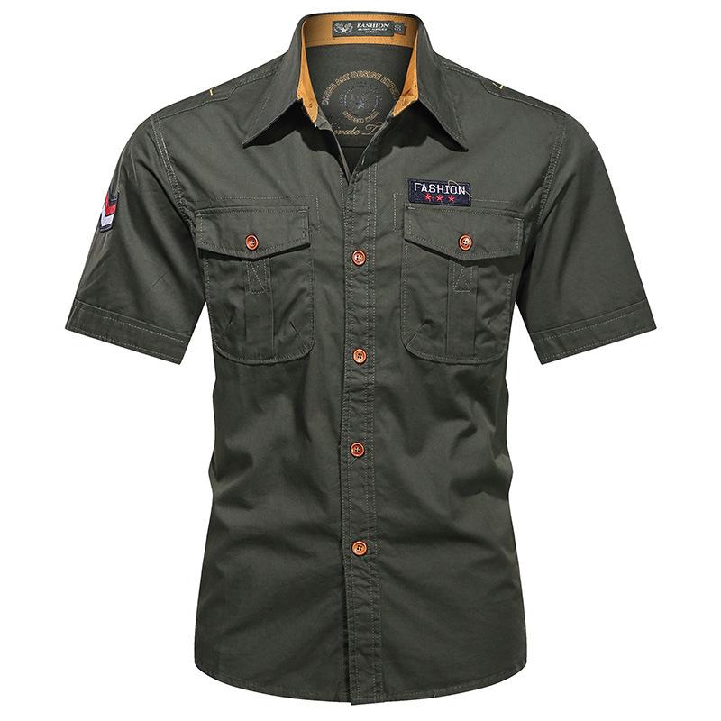 2024 Men's Casual Cotton Military Shirt - Washed, Thin, Loose Short Sleeve
