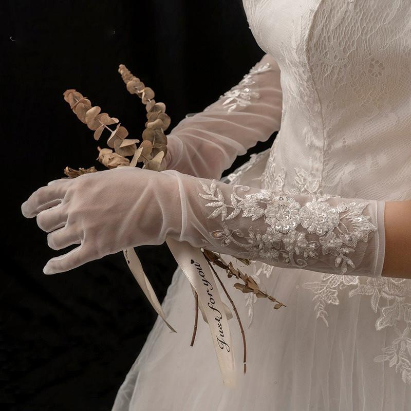 White Lace Long Beads Bridal Wedding Gloves Dress Etiquette Accessories Embroidered Tulle Gloves