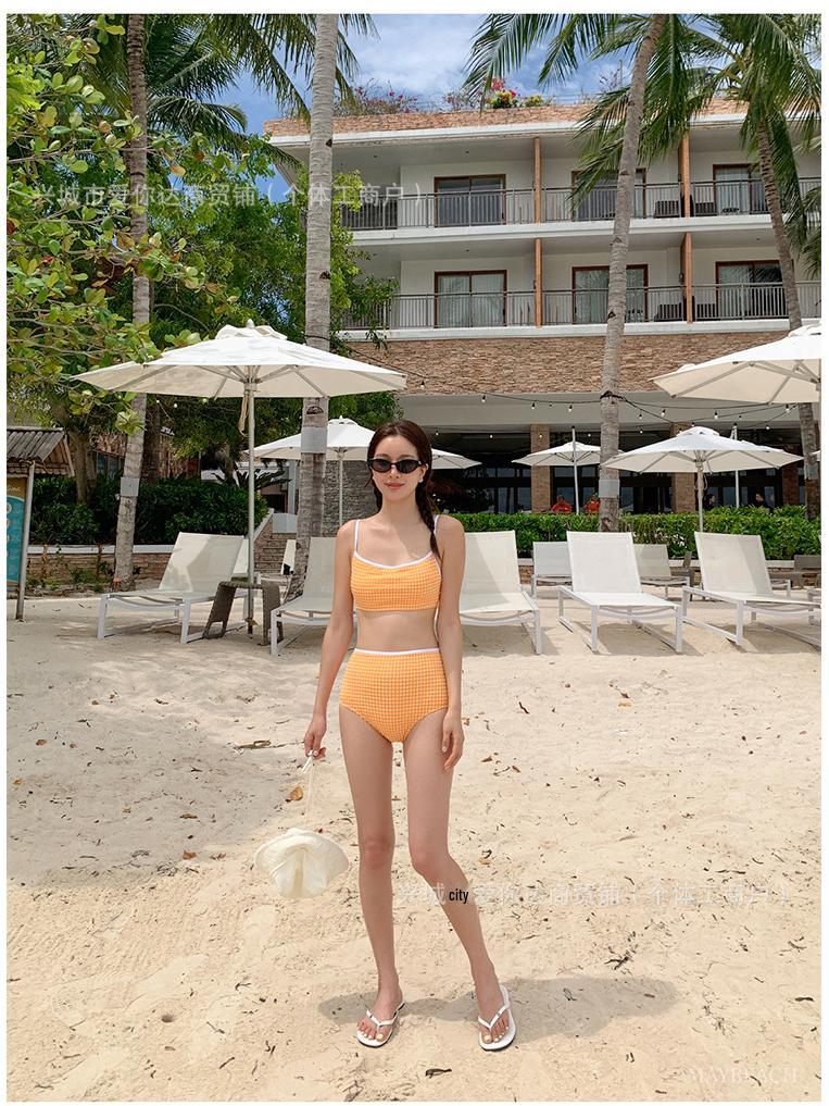 2026 Retro Korean Plaid Color Block High Waist Bikini Swimsuit