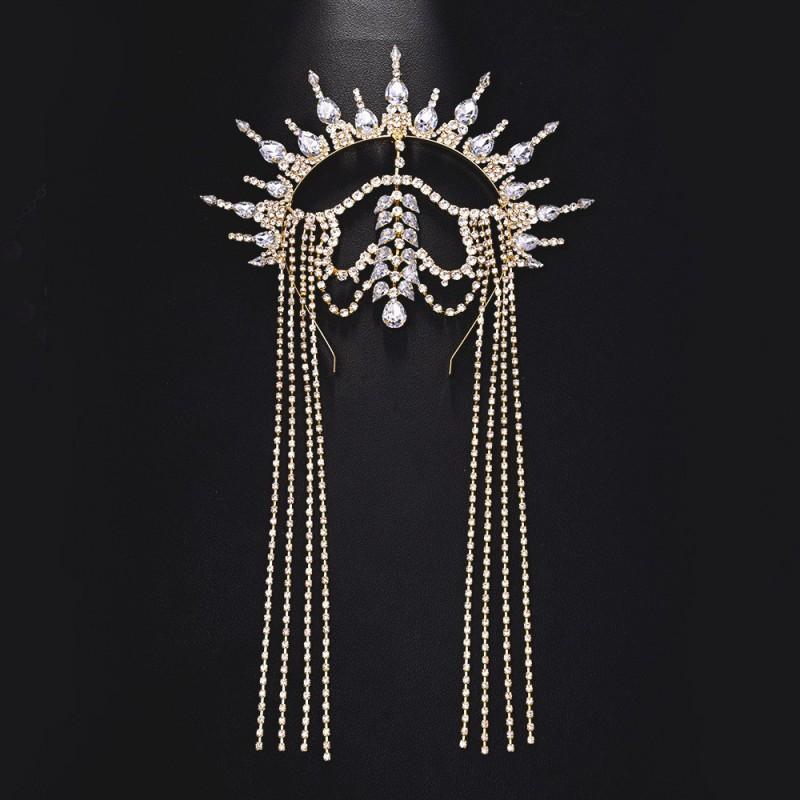Sun Goddess Rhinestone Headband Exaggerated Tassel Forehead Decoration Halloween Party Hair Accessory Women