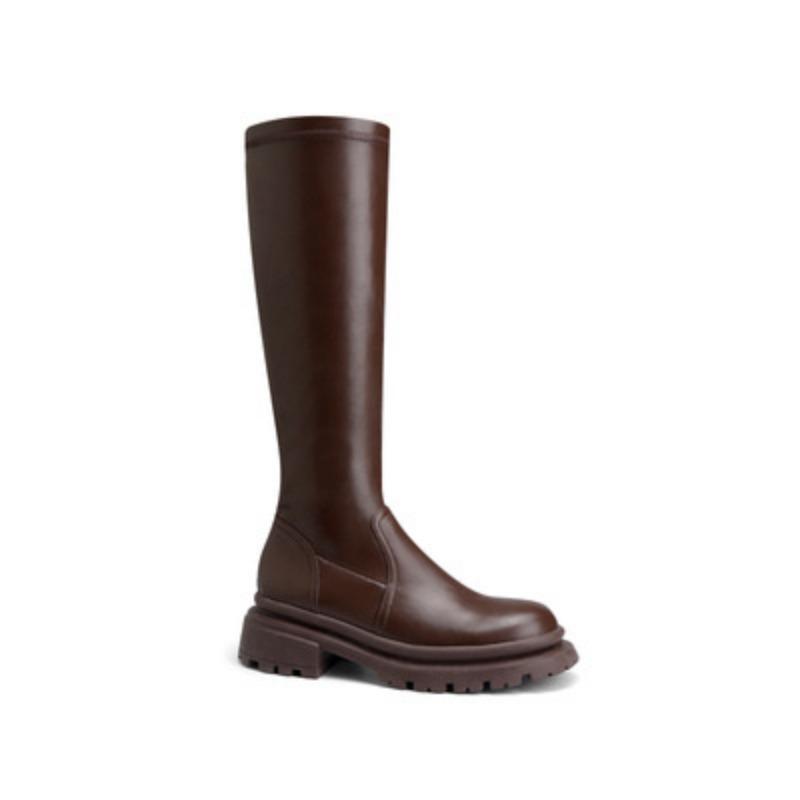 Cowhide Leather Boots Women Thick Legs Thick Bottom Small Back Zipper Knight Boots Tall Boots