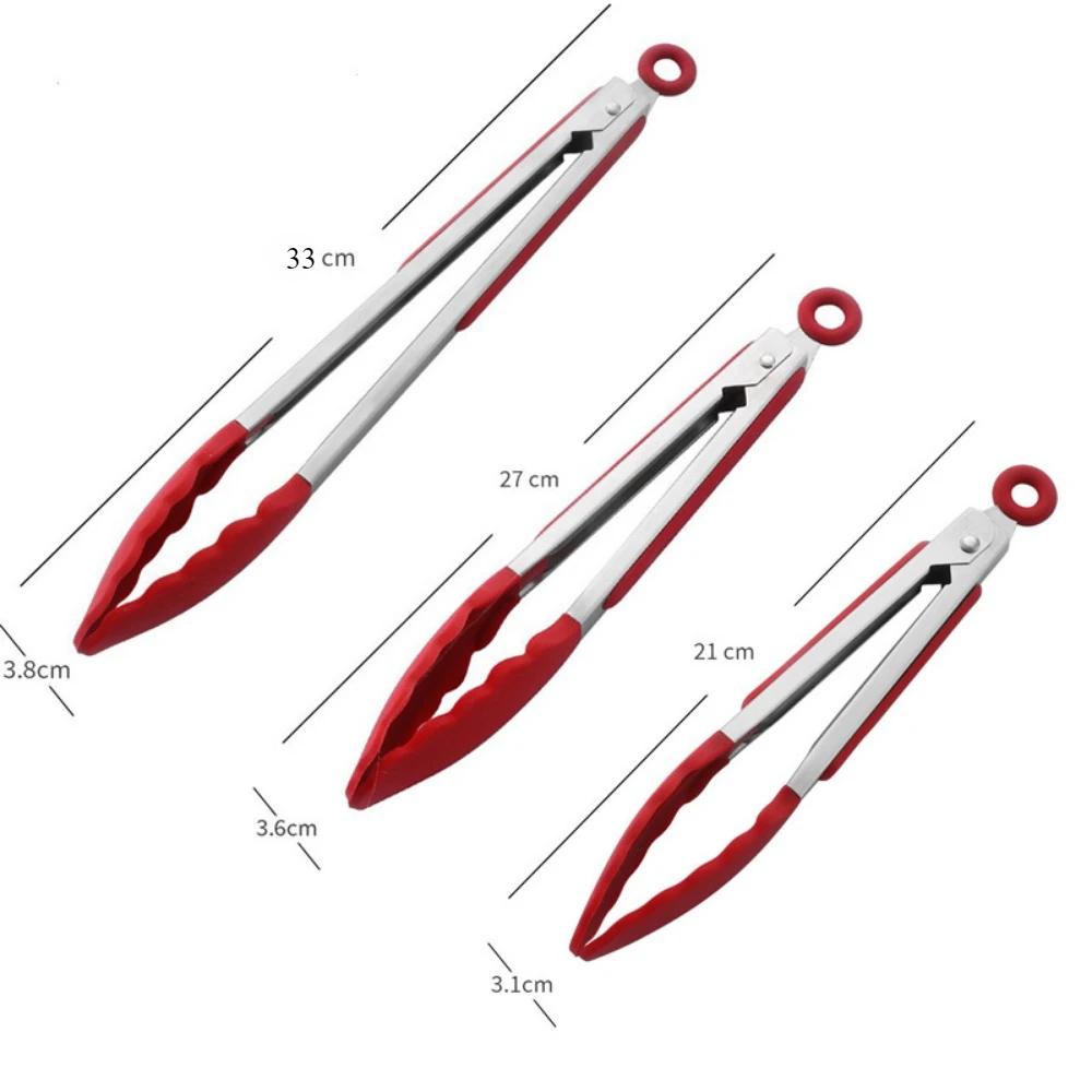 7/9/12 Inch Red Kitchen Tongs, High Quality Silicone, BPA Free, Non-stick, Stainless Steel BBQ Cooking Grill Lock Food Tongs
