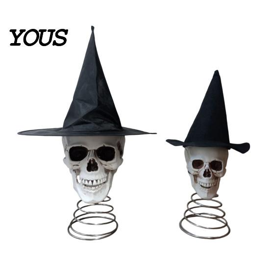 Black Pointed Hat Skull Halloween Witch Tree Topper, Gothic Skeleton Figurine for Dark Aesthetic Topper Party Decor, Spooky Festive Home Ornament,