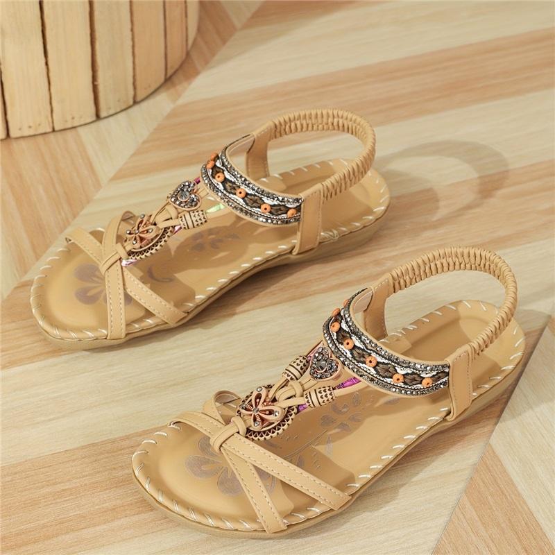 Bohemian Style Large Size Flat Bottomed Flower Rhinestone Sandals Open Toed Outer Wear Beach Sandals