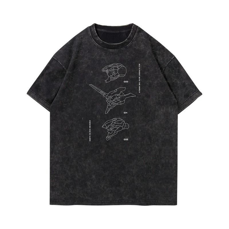 EVA 01 Herren Streetwear T-Shirt Vintage Gewaschen Übergroß Y2K Anime Bedrucktes T-Shirt Damen Harajuku Baumwolle Lässig Kurzarm Kleidung
