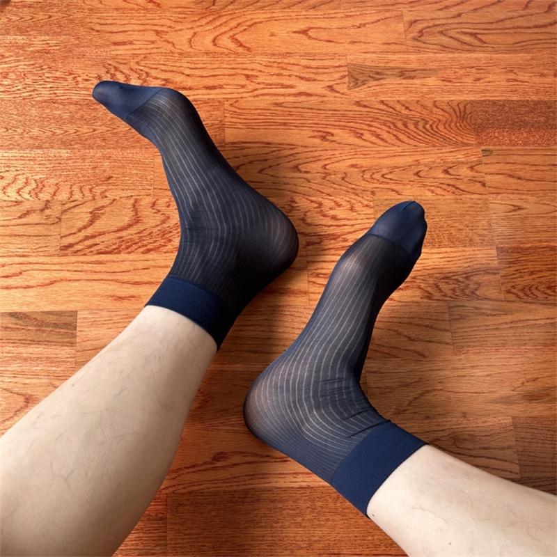 Herren Gestreifte Durchsichtige Business-Kniestrümpfe Bequem Atmungsaktiv Elastisch Formell Anzug Kurze Röhre Nylon Knöchelstrümpfe Strumpfwaren