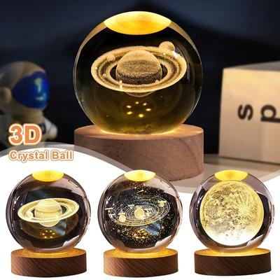 Svítící křišťálová koule LED noční světlo Saturn Sluneční soustava 3D Měsíc Stolní lampa USB Ložnice Atmosférická lampa pro narozeninový dárek pro děti