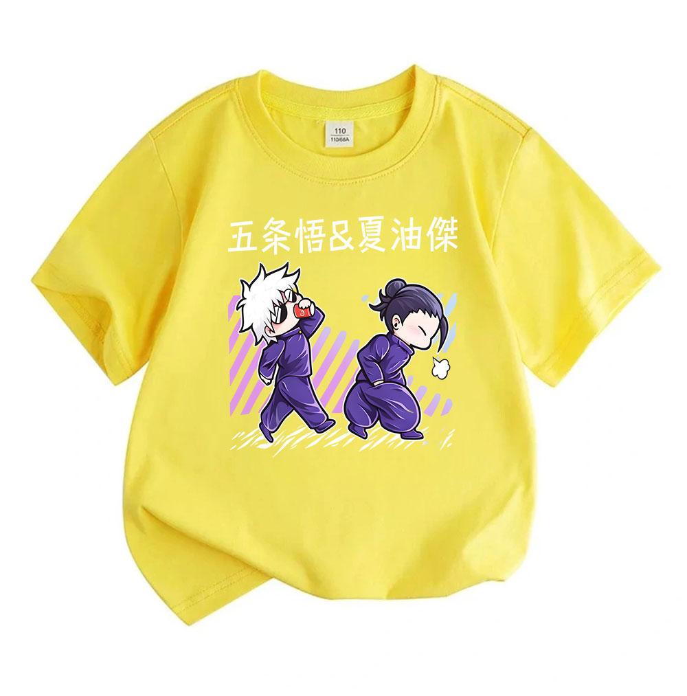 Kids Boys Girls 100% Cotton Crew Neck Short Sleeve T-Shirt, Cute Jujutsu Kaisen Chibi Gojo Satoru Geto Suguru Print Casual Soft Tee for Daily Wear Sum